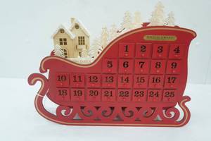 lot 314 image: FAO Schwarz Red Wooden Christmas Sleigh Advent Calendar w25 numbered drawers (battery operated LED lights)