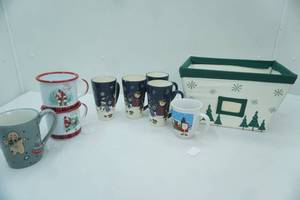 lot 326 image: Set of 2 Enamel Christmas Mugs, Set of 4 Tall Cocoa Mugs, Christmas Tree Themed Organizer Basket