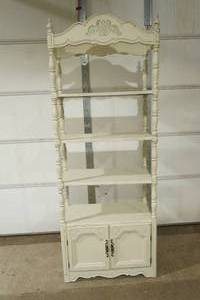 lot 352 image: AntiqueVintage Hutch Cabinet. French Provincial-Style. Distressed matt cream color. 28x 14x 73
