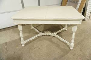 lot 373 image: Vintage Wooden Dining Room Table. Painted Cream. Slip Leaf 48x34x30