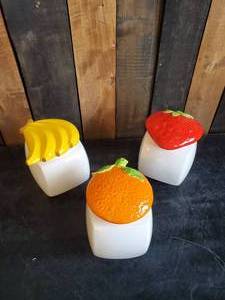 lot 35 image: Truley Vibrant Banana Apple and Orange Kitchen Canisters Kessler Japan