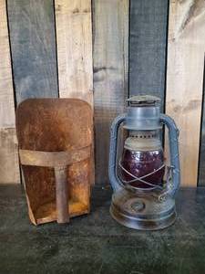 lot 48 image: Great Antique Lot Metal Grain Scoop and Dietz Little Wizard Red Globe Barn Lantern