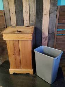 lot 58 image: 30 Tall Wood Trash Can Holder with Flip Lid&nbsp