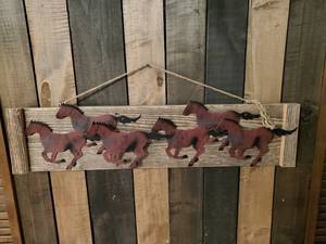 lot 99 image: Beautiful Running Horses Wall Display Metal and Wood