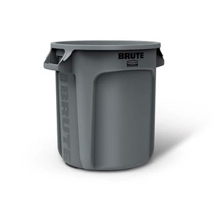 lot 63 image: Rubbermaid Commercial Products BRUTE 10 Gal. Grey Round Vented Plastic Outdoor Trash Can with Lid for OfficesWarehousesCommercial Environments