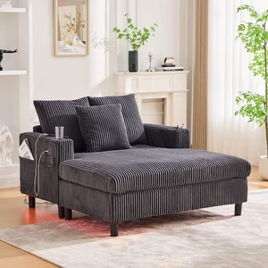 Noble House Ely Gray Chenille Upholstered Chaise Lounge Sofa with USB Charging, RGB Light Strip, Cup Holder, Side Pocket