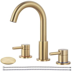 lot 181 image: AKLFGN 8 in. Widespread 2-Handle High Arc Bathroom Faucet with Drain Kit Included and All Mounting Hardware in Brushed Gold
