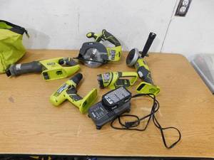 lot 200 image: Ryobi 5 Piece Power Tool Startup Kit, Battery  Charger w Carrying Bag