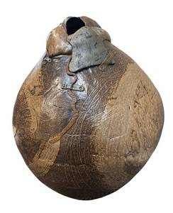 lot 1R image: LL - Exquisite 26 in Handcrafted Bronze-Glazed Vase with Textured Surface & Metal Neck Accents