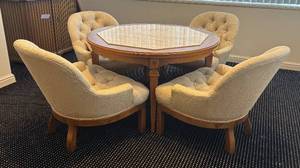 lot 6R image: LL - Vintage Round Dining Table  Game Table Set with 4 Upholstered Tufted Chairs