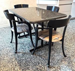 lot 12R image: K - Vintage Granite Dining Table & 4 Lyre Series Chairs