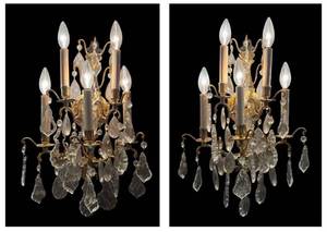 lot 19R image: B - Pair of Crystal  Wall Sconces- BrassGilt Finish, Hanging Crystals