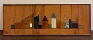 lot 43KL image: LL - Vintage Wood Art with Stained Glass Accents by Mueller