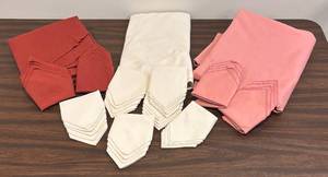 lot 63R image: LL - Linen Tablecloths with Coordinating Napkins - Red, Ivory & Peach