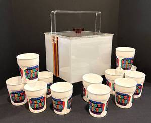 lot 78R image: LL - Vintage Mid Century Acrylic Ice Bucket with 12 Festive Aged To Perfection Designed Cups