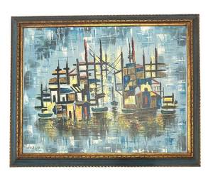 lot 129KL image: MB - Harbor Cityscape Print - Mid-Century