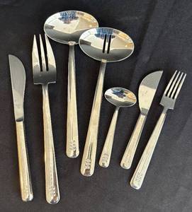 lot 159R image: LR - Reed & Barton Swid Powell Serving Utensils - Silver Plate Flatware Set