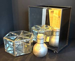 lot 210R image: LR - Mirrored Wastebasket, Geometric Glass Box and Bottle