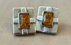 lot 25D image: Vintage Annette Marie 925 Sterling Silver Baltic Amber Earrings