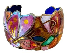 lot 31D image: David Kuo Enamel Bracelet Signed - Multicolor Cloisonn Floral Butterfly Cuff