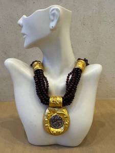 lot 45J image: Garnet Bead Necklace - Multi-Strand (6-Strand) 15in with Gold-Tone Pendant