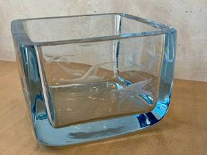 lot 48D image: Strmbergshyttan Ice Blue Glass Block Vessel - Vintage Swedish
