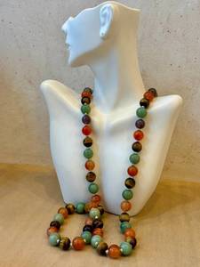 lot 106D image: Multi-Strand Tigers Eye Carnelian Jade Amethyst Bead Necklace - Hand-Knotted Vintage