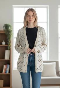 lot 234D image: Lafayette 88 Black Sleeveless Top & Rosemunde Denmark-Designed Cardigan Beige with Black Polka Dots