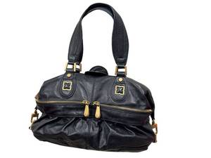 lot 245D image: BCBGMaxazria Black Leather Satchel with  Gold Tone Hardware