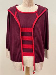lot 246D image: Escada Sport Vintage Two-Piece Set - Size L Burgundy & Red Striped Knit Top & Hooded Cardigan