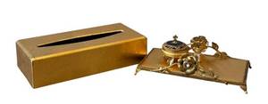 lot 251D image: K - Floral Gold-Tone Vanity Set - Tissue Box Cover, Mini Perfume Bottle & Trinket Box