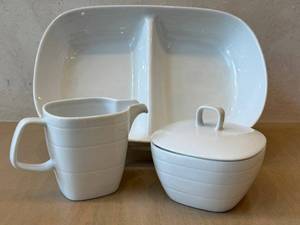 lot 255D image: K - Dansk Studio Levien Precision Divided Serving Dish Set with Creamer & Sugar Bowl