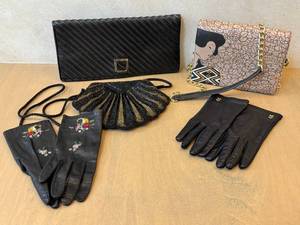 lot 284D image: Black Leather Clutch, Evening Bag with Pink Floral Clutch, Beaded Bag & Gloves
