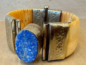 lot 296D image: Vintage Bone & Lapis Lazuli Stone Hinged Cuff Bracelet