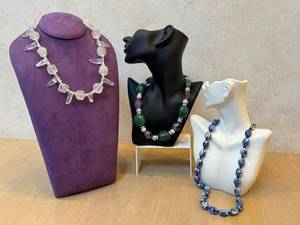 lot 301D image: Three Beaded Necklaces - Clear Quartz Chunk, Green & Amethyst Beads, Delft Blue Porcelain Beads (Lot of 3)