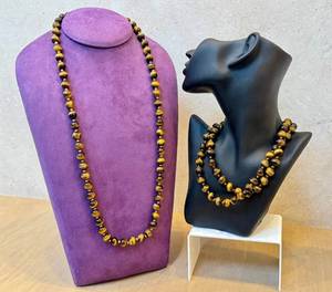 lot 302D image: Tigers Eye Beaded Hand-Knotted Necklaces - 28 in Pair