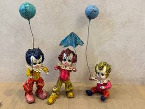 lot 303D image: DR - Vintage Mexican Folk Paper Mache Clown Figurines - Hand-Painted 8-10.5 in Tall (Lot of 3)