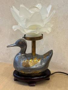 lot 304D image: DR - Pewter Duck Lamp with Frosted Glass Flower Shade