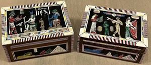 lot 176N image: DR - Egyptian Trinket Boxes - Handmade, Painted Scenes, Red Interiors - 2 pcs