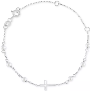 lot 15 image: MCYS Childrens Imitation Pearl & East West Cross Chain Bracelet Sterling Silver Approx. length 5  2 extender