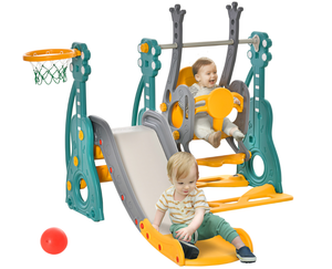 lot 61 image: Qaba 4 in 1 Toddler Swing and Slide Set, Kids Slide for Aged 1.5-3 with Climber, Ultra-Safety, Basketball Hoop, Baby Playground Set, Fun IndoorOutdoor Playset Exercise Toy (Missing Hardware)
