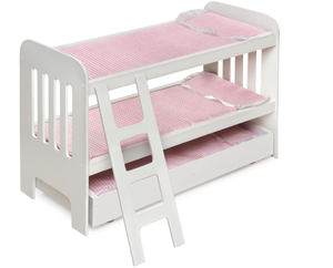 lot 114 image: Badger Basket Doll Bunk Bed with Bedding, Ladder, and Free Personalized Kit - Fits Dolls Up to 22 Inches - Ideal for Girl Dolls and Baby Dolls for Pretend Play - WhitePink