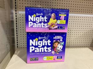 lot 116 image: LOT OF 2 Rascals Night Pants Absorbent Girls Nighttime Bedwetting Underwear (Sizes SmallMedium 38-70lbs 44 Count, Large 64-99lbs 34 Count)