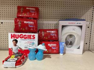 lot 179 image: LOT OF Toddler Huggies Diapers Size 7, Healing Ointment (Open), BabyBjrn Potty Training Seat, Toddler Sippy Cups & Lunch Box