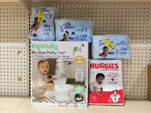 lot 180 image: LOT OF Toddler Huggies Diapers Size 4, Little Swimmers Size 5-6, Ingenuity My Size Potty Pro