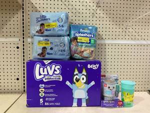 lot 190 image: LOT OF Luvs, Pampers, Little Swimmer Diapers Sizes (5, 5-6) With A Toy & Sippy Cup