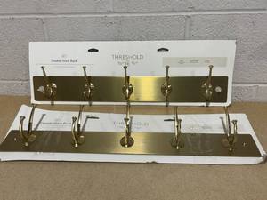 lot 289 image: LOT OF 2 Threshold 5 Hooks Rail Gold - Wall Mounted Decorative Hook Racks, Light Gold, Zinc Alloy, 40lb Capacity