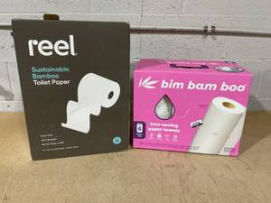 lot 167 image: LOT OF 2 Reel Paper Premium Bamboo Toilet Paper - 24 Mega Rolls & Bim Bam Boo Bamboo Paper Towels - 6pk