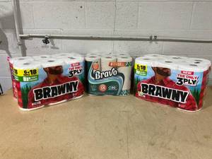 lot 270 image: LOT OF 3 Brawny (2) 6 Pack Paper Towels & Bravo Recycled Fiber Paper Towels (1) 6 Pack