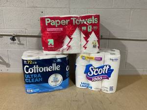 lot 274 image: LOT OF 3 Cottonelle, Scott Toilet Paper, & up&up Paper Towels (Toilet Paper 18 Packs, Paper Towel 6 Pack)